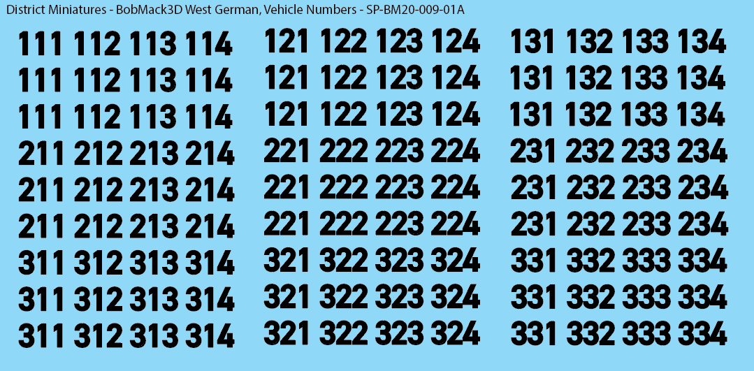 BobMack3D West German - Vehicle Numbers 20mm Decals