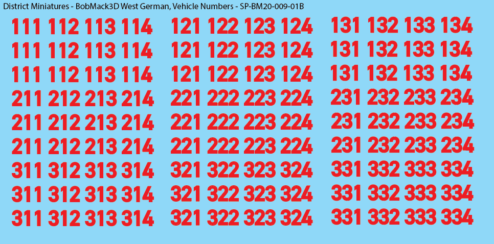 BobMack3D West German - Vehicle Numbers 20mm Decals