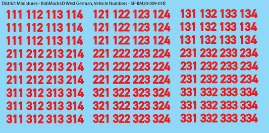 BobMack3D West German - Vehicle Numbers 20mm Decals