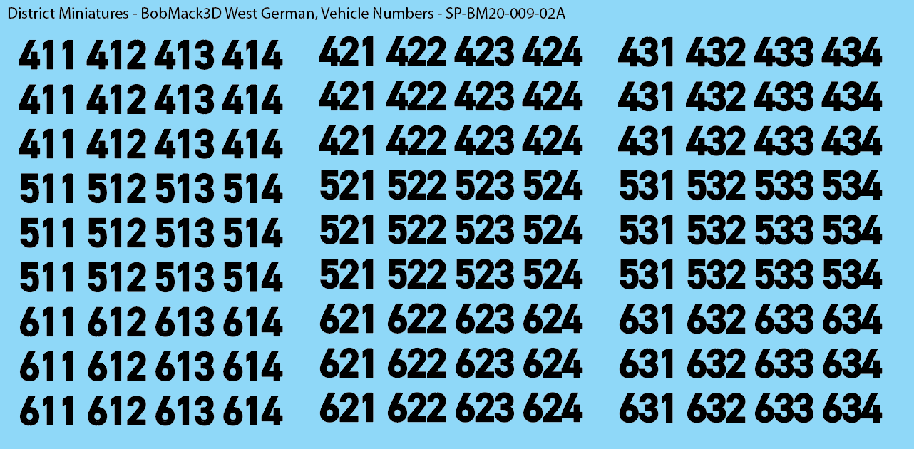 BobMack3D West German - Vehicle Numbers 20mm Decals