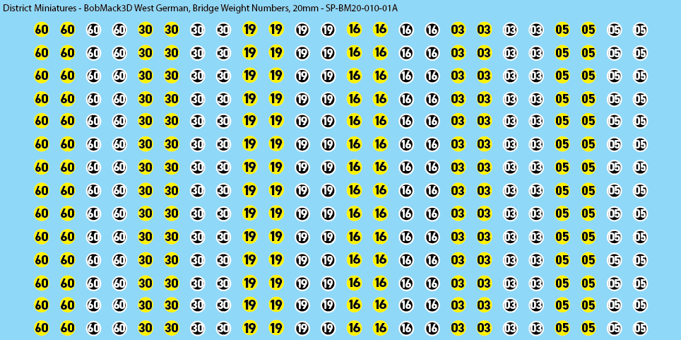 BobMack3D West German - Bridge Weight Numbers 20mm Decals