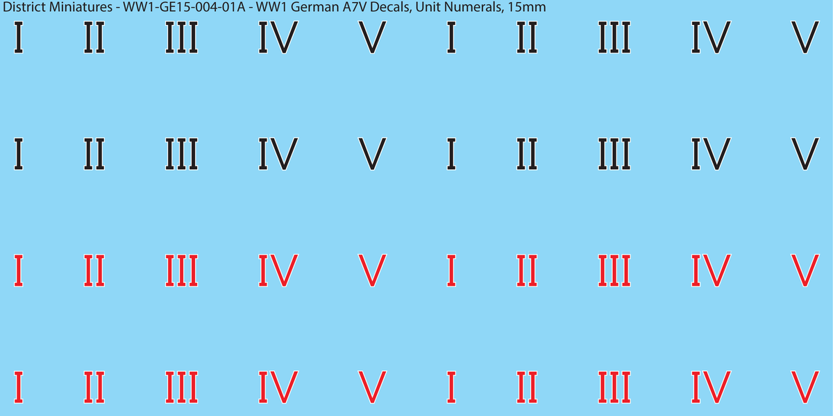 WW1 German A7V Decals, Unit Numerals, 15mm