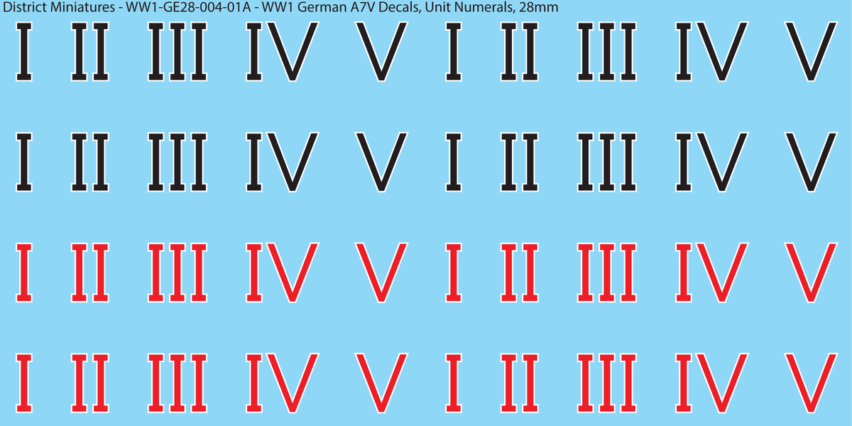 WW1 German A7V Decals, Unit Numerals, 28mm