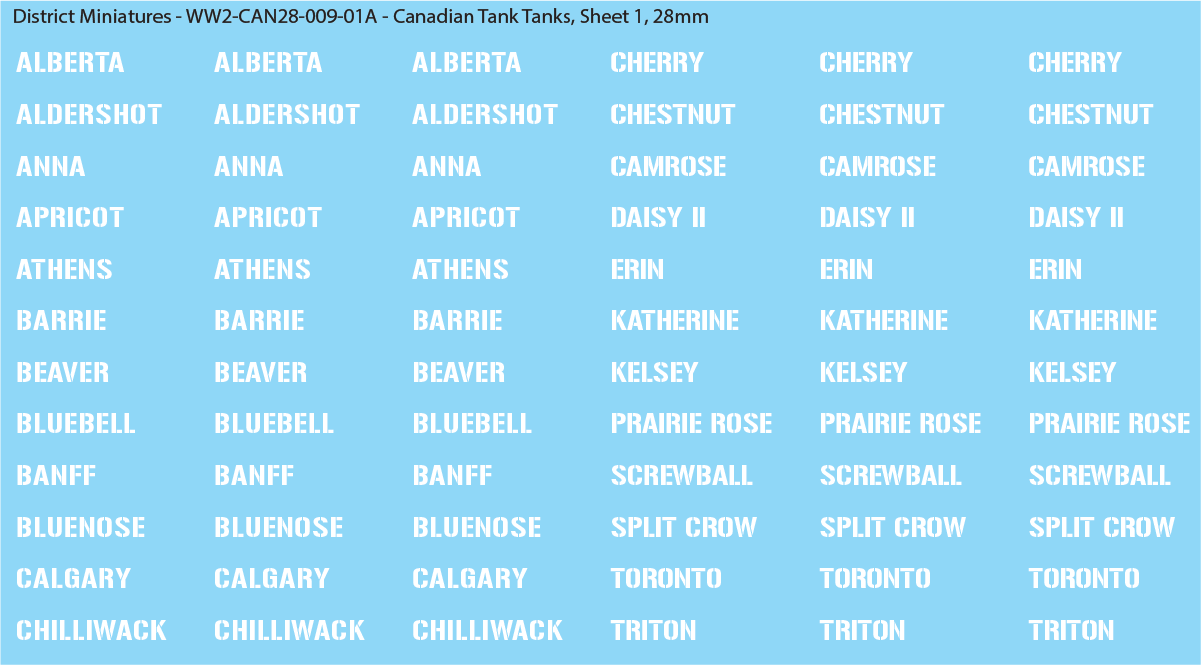 WW2 Canada - Canadian Tank Names, 28mm Decals