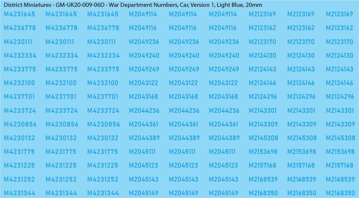GM-UK20-009-06D - War Dept Numbers, Car, Version 1, Light Blue, 20mm