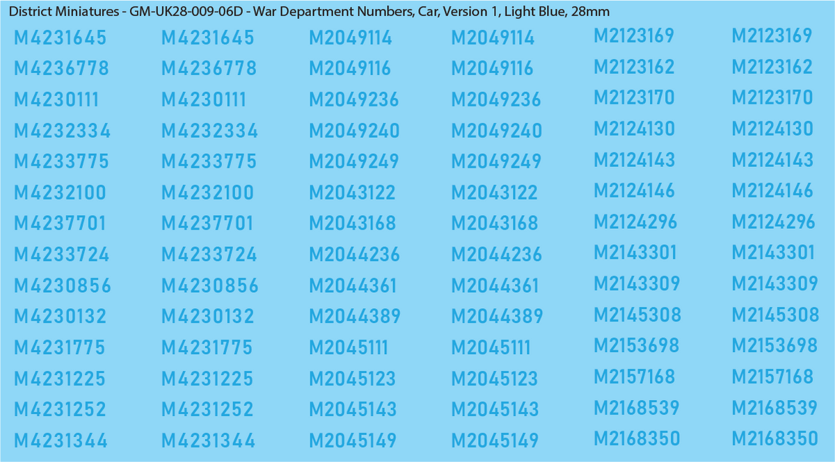 GM-UK28-009-06D - War Dept Numbers, Car, Version 1, Light Blue, 28mm