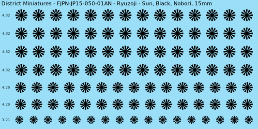 Ryuzoji clan mon, Black waterslide decal sheet, Nobori banner sizes, 15mm