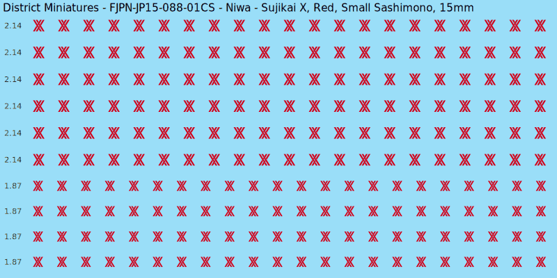 Niwa clan mon, Red waterslide decal sheet, Small Sashimono banner sizes, 15mm