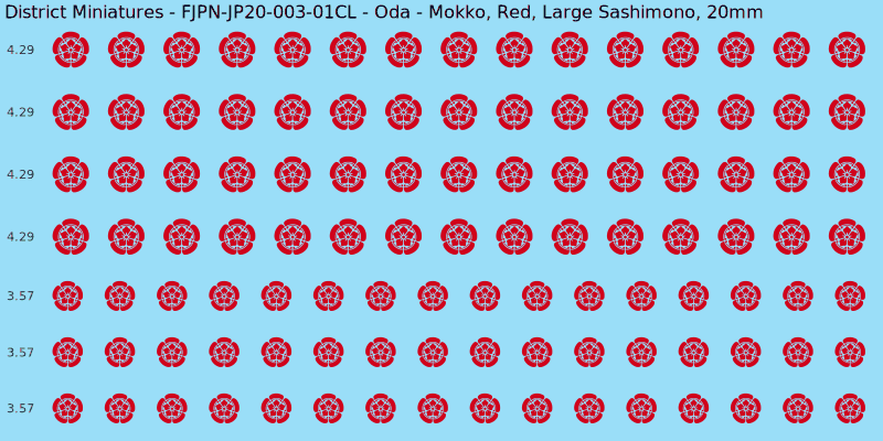 Oda clan mon, Red waterslide decal sheet, Large Sashimono banner sizes, 20mm