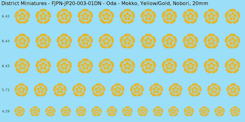 Oda clan mon, Yellow/Gold waterslide decal sheet, Nobori banner sizes, 20mm