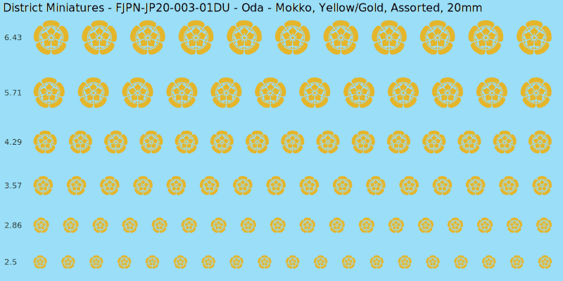 Oda clan mon, Yellow/Gold waterslide decal sheet, Assorted banner sizes, 20mm