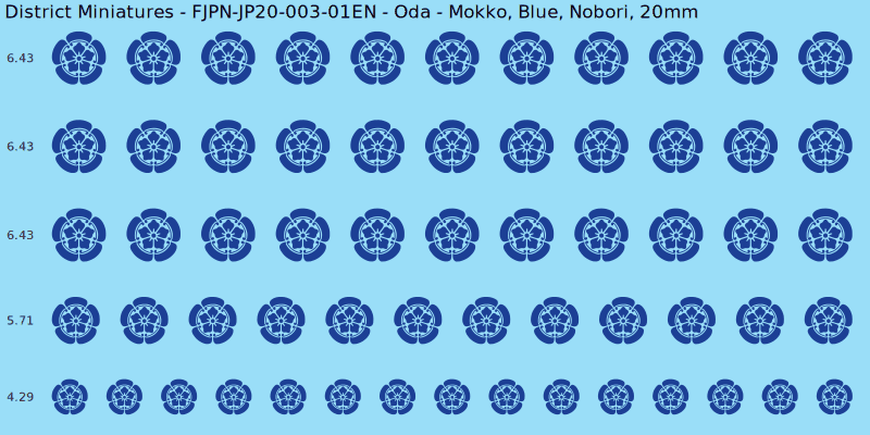 Oda clan mon, Blue waterslide decal sheet, Nobori banner sizes, 20mm
