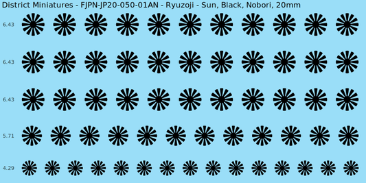 Ryuzoji clan mon, Black waterslide decal sheet, Nobori banner sizes, 20mm