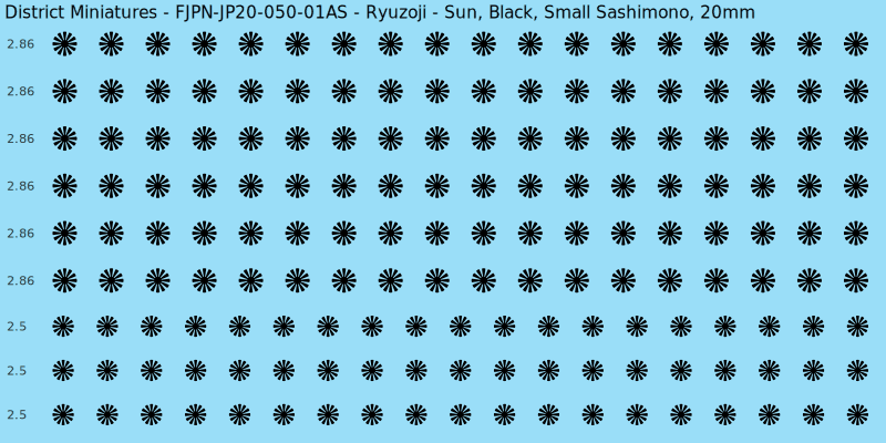 Ryuzoji clan mon, Black waterslide decal sheet, Small Sashimono banner sizes, 20mm