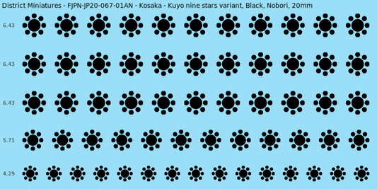 Kosaka clan mon, Black waterslide decal sheet, Nobori banner sizes, 20mm