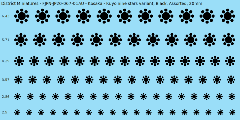 Kosaka clan mon, Black waterslide decal sheet, Assorted banner sizes, 20mm