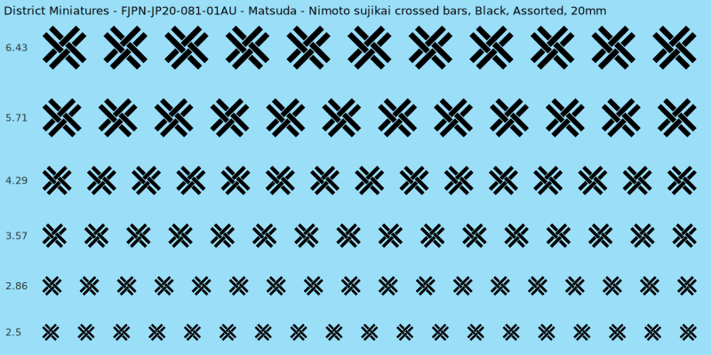 Matsuda clan mon, Black waterslide decal sheet, Assorted banner sizes, 20mm
