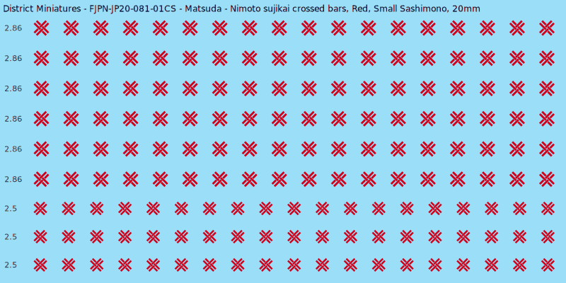 Matsuda clan mon, Red waterslide decal sheet, Small Sashimono banner sizes, 20mm