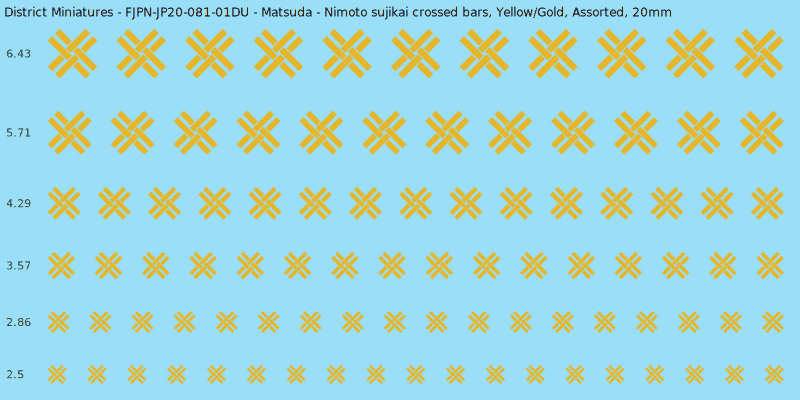 Matsuda clan mon, Yellow/Gold waterslide decal sheet, Assorted banner sizes, 20mm