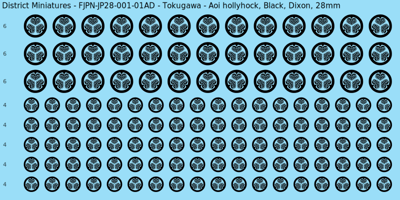 Tokugawa clan mon, Black waterslide decal sheet, Dixon banner sizes, 28mm