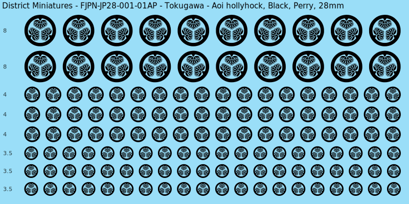Tokugawa clan mon, Black waterslide decal sheet, Perry banner sizes, 28mm