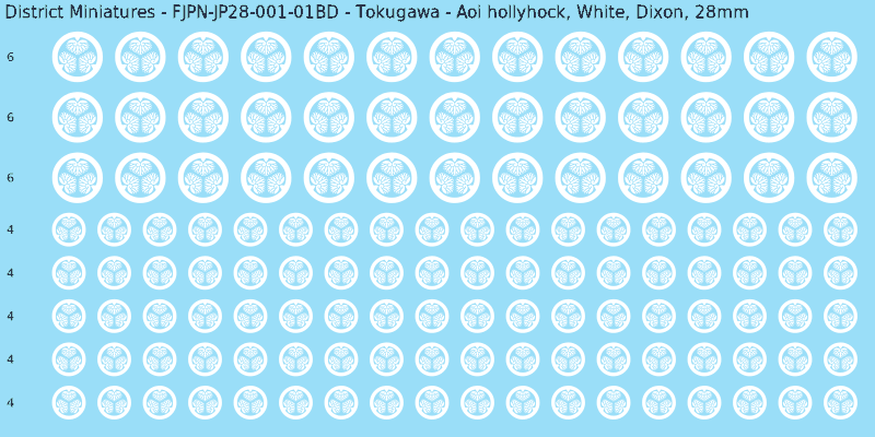 Tokugawa clan mon, White waterslide decal sheet, Dixon banner sizes, 28mm