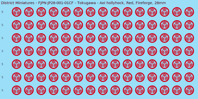 Tokugawa clan mon, Red waterslide decal sheet, Fireforge banner sizes, 28mm