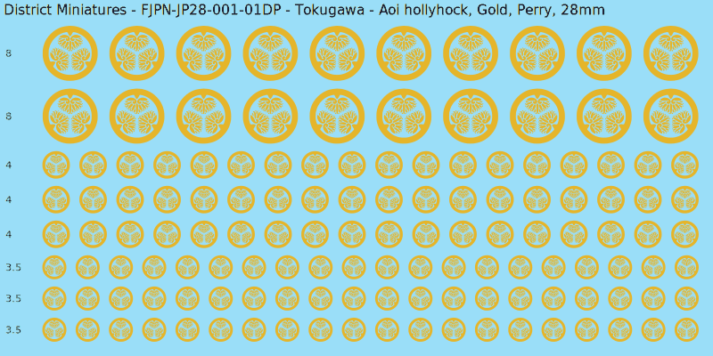 Tokugawa clan mon, Yellow/Gold waterslide decal sheet, Perry banner sizes, 28mm
