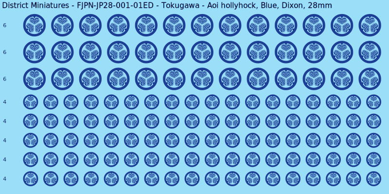Tokugawa clan mon, Blue waterslide decal sheet, Dixon banner sizes, 28mm