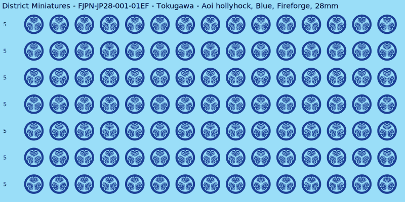 Tokugawa clan mon, Blue waterslide decal sheet, Fireforge banner sizes, 28mm