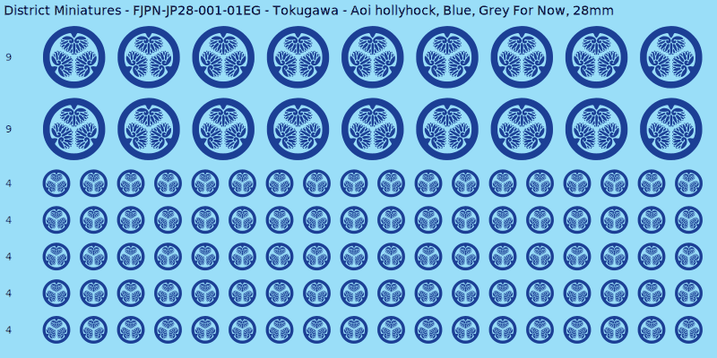 Tokugawa clan mon, Blue waterslide decal sheet, Grey For Now banner sizes, 28mm