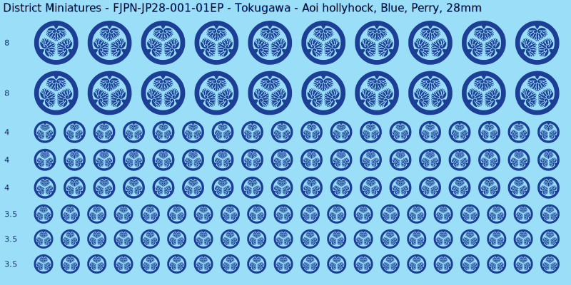 Tokugawa clan mon, Blue waterslide decal sheet, Perry banner sizes, 28mm