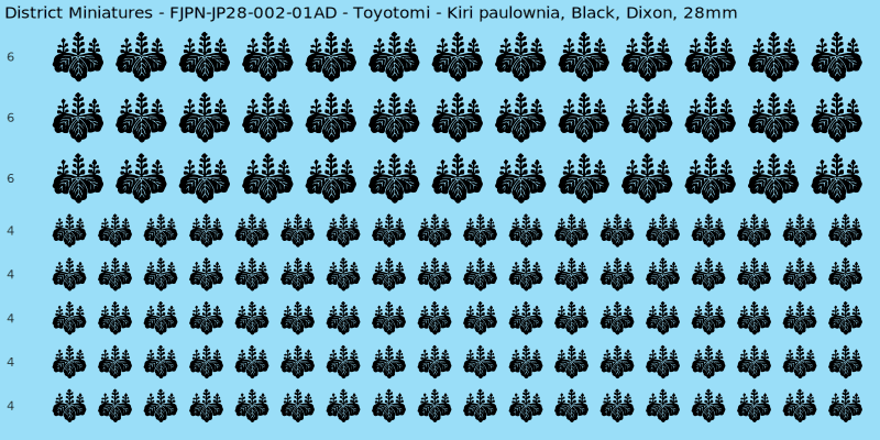Toyotomi clan mon, Black waterslide decal sheet, Dixon banner sizes, 28mm