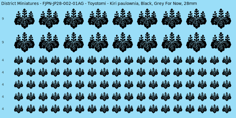 Toyotomi clan mon, Black waterslide decal sheet, Grey For Now banner sizes, 28mm