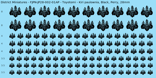 Toyotomi clan mon, Black waterslide decal sheet, Perry banner sizes, 28mm