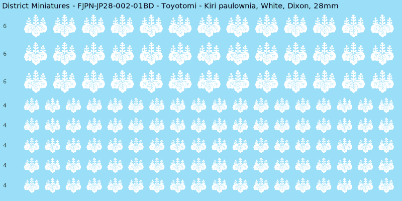 Toyotomi clan mon, White waterslide decal sheet, Dixon banner sizes, 28mm