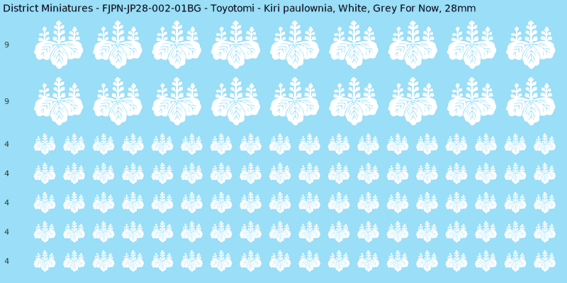 Toyotomi clan mon, White waterslide decal sheet, Grey For Now banner sizes, 28mm