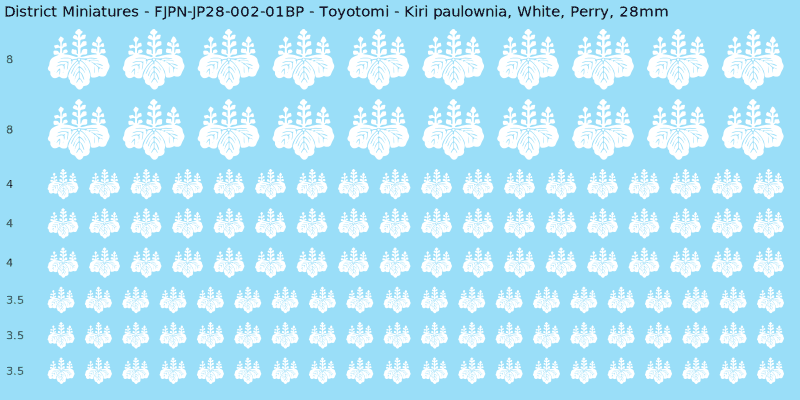 Toyotomi clan mon, White waterslide decal sheet, Perry banner sizes, 28mm