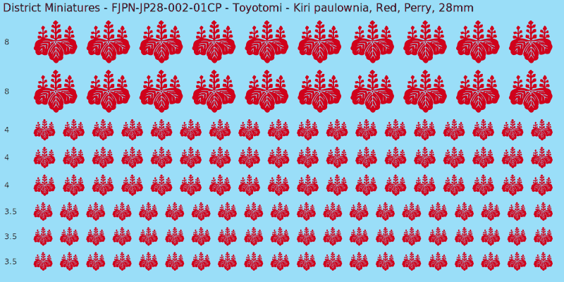 Toyotomi clan mon, Red waterslide decal sheet, Perry banner sizes, 28mm
