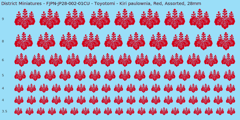 Toyotomi clan mon, Kiri paulownia, Red waterslide decal sheet, 28mm