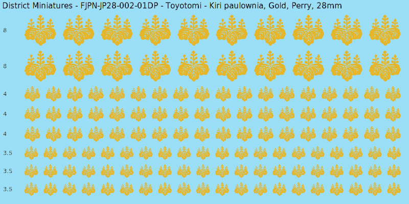 Toyotomi clan mon, Yellow/Gold waterslide decal sheet, Perry banner sizes, 28mm