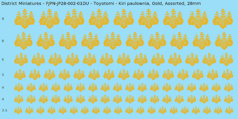 Toyotomi clan mon, Kiri paulownia, Gold waterslide decal sheet, 28mm