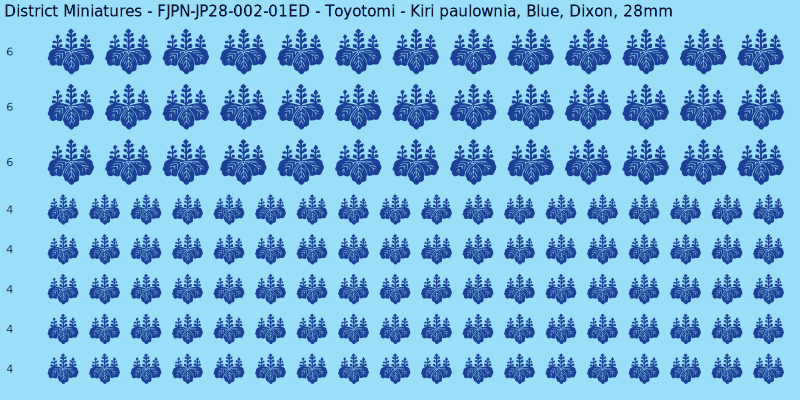 Toyotomi clan mon, Blue waterslide decal sheet, Dixon banner sizes, 28mm