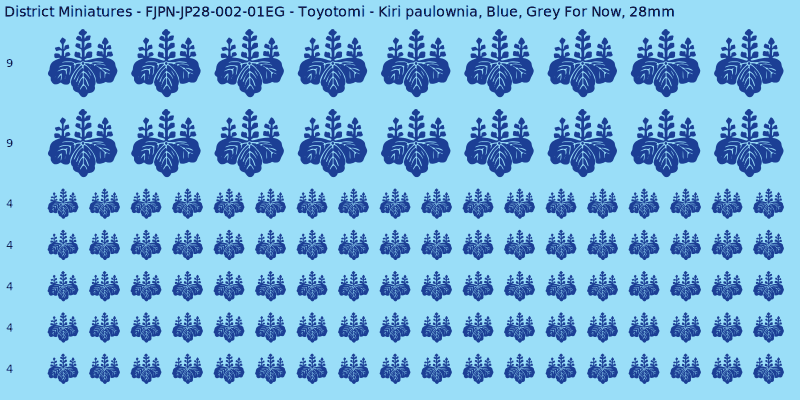 Toyotomi clan mon, Blue waterslide decal sheet, Grey For Now banner sizes, 28mm