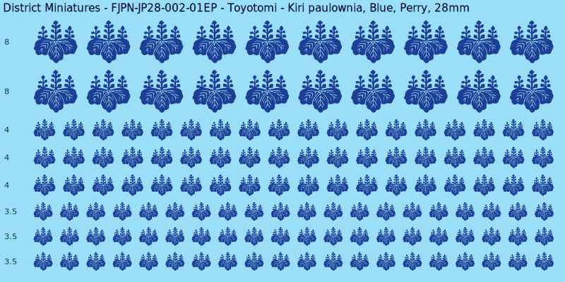 Toyotomi clan mon, Blue waterslide decal sheet, Perry banner sizes, 28mm