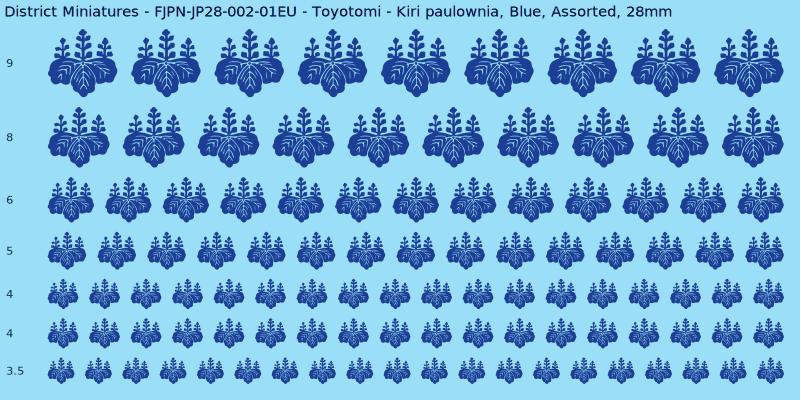 Toyotomi clan mon, Kiri paulownia, Blue waterslide decal sheet, 28mm