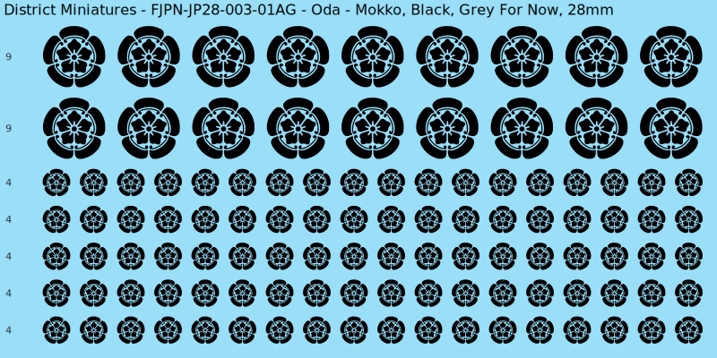 Oda clan mon, Black waterslide decal sheet, Grey For Now banner sizes, 28mm