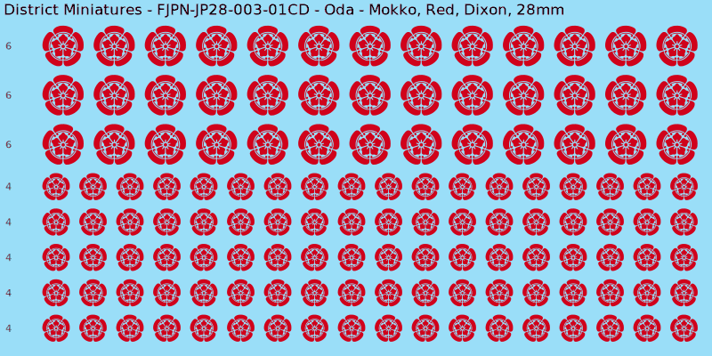 Oda clan mon, Red waterslide decal sheet, Dixon banner sizes, 28mm