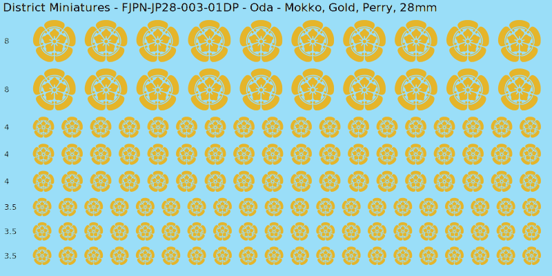 Oda clan mon, Yellow/Gold waterslide decal sheet, Perry banner sizes, 28mm