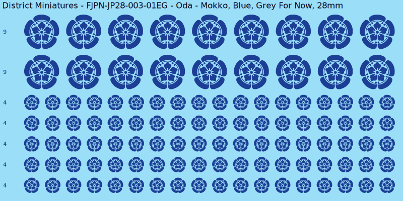 Oda clan mon, Blue waterslide decal sheet, Grey For Now banner sizes, 28mm